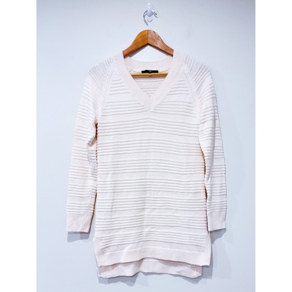 TAG Beige V-Neck Textured Cotton Blend High‎ Low Knit Sweater X-Small